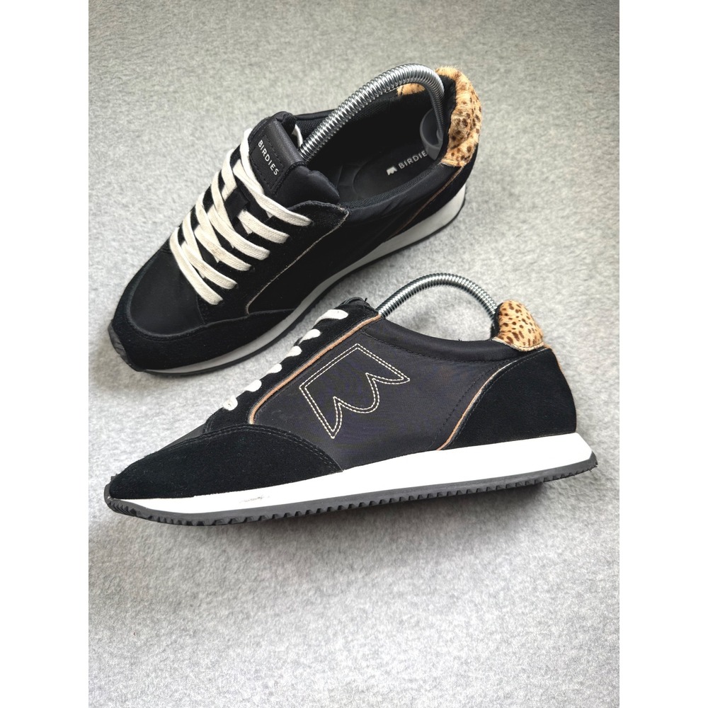 Birdies Roadrunner Sneakers Women 8.5 Black Suede Leopard Print Calf Hair Retro